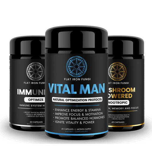 A bundle of Flat Iron Fungi supplements, featuring Vital Man, Mushroom Powered Nootropic, and Immunity—designed to support testosterone, brain health, and immune function for men seeking peak performance.