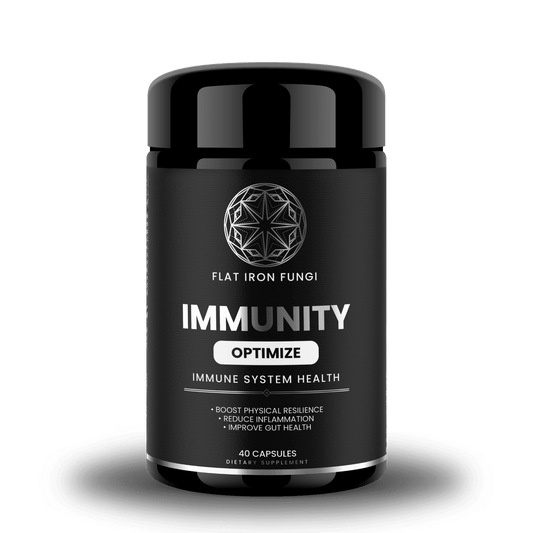 A supplement panel for Immunity Formula, highlighting a blend of organic mushrooms, Quercetin, Vitamin C, and Zinc for immune system defense.