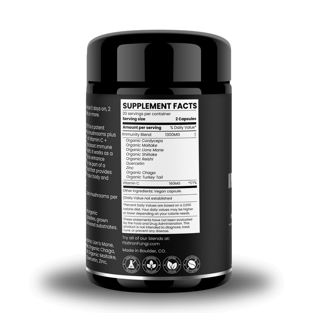 A supplement panel for Immunity Formula, highlighting a blend of organic mushrooms, Quercetin, Vitamin C, and Zinc for immune system defense.