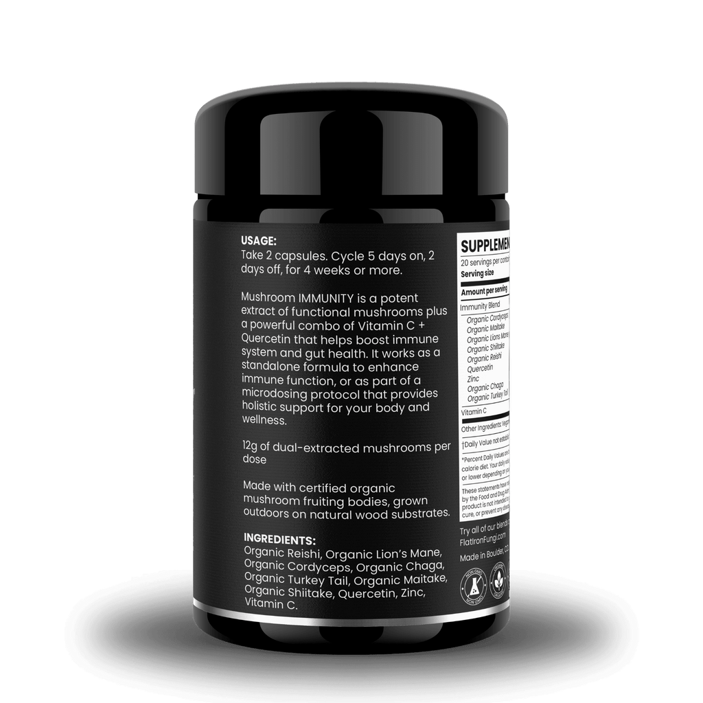 Detailed supplement facts for Mushroom Immunity Supplement, highlighting immune-boosting ingredients like Reishi, Chaga, Turkey Tail, and essential vitamins.