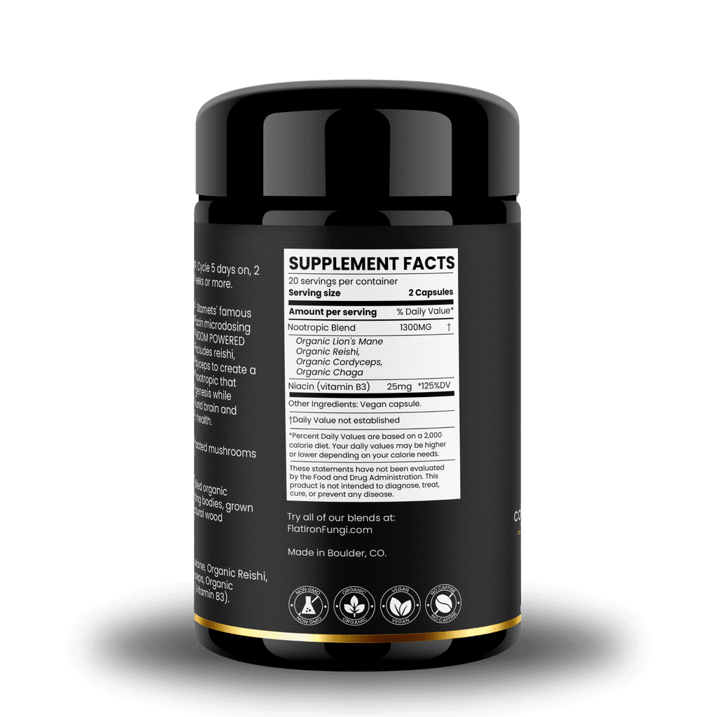 Supplement label for Nootropic Supplement, designed to enhance cognitive function, mental clarity, and memory.