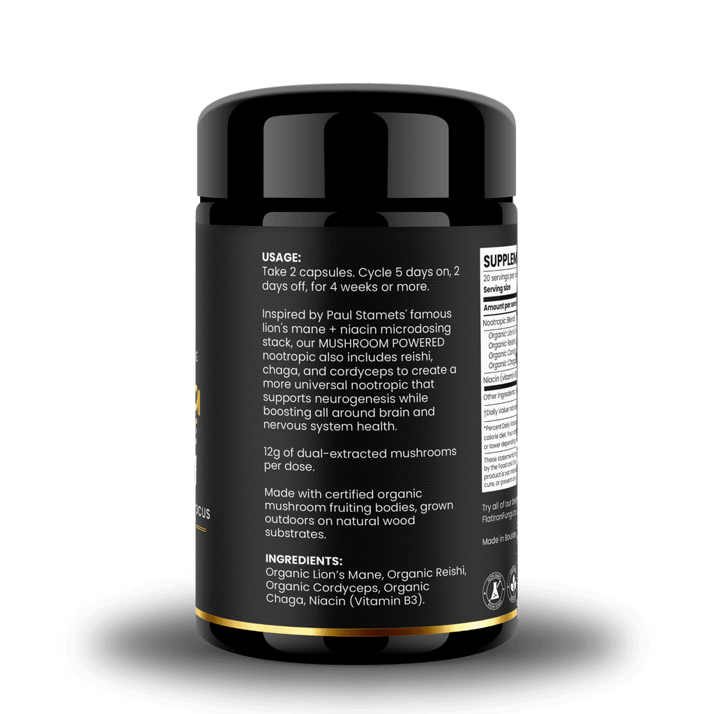 Nutritional facts for a nootropic supplement, featuring Lion’s Mane, Cordyceps, Reishi, and Chaga for brain health, focus, and cognitive support.