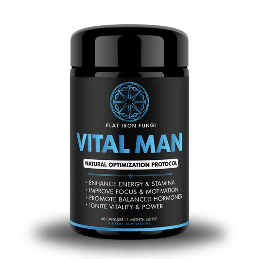 A bottle of Vital Man, a natural testosterone booster for men, designed to enhance energy, focus, and stamina.